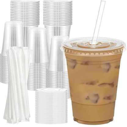 16 oz Clear Plastic Cups,   100 Pack, Lids & Straws, Food-Safe, Iced Coffee,Beverages