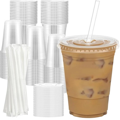 16 oz Clear Plastic Cups,   100 Pack, Lids & Straws, Food-Safe, Iced Coffee,Beverages