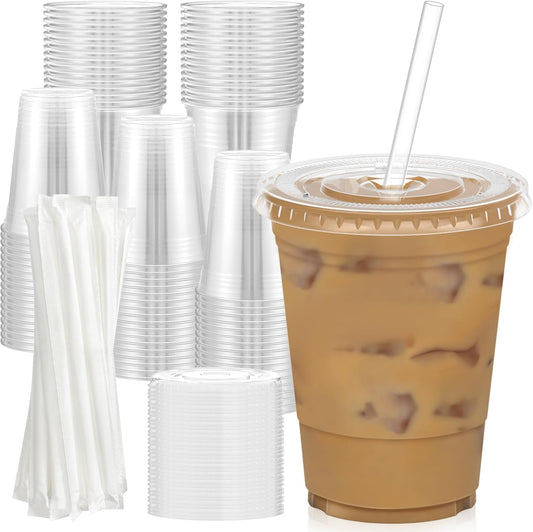 100 Pack 16 oz Clear Plastic Cups with Lids and Straws, Disposable Food Safe Drink Cups for Iced Coffee, Smoothies & Cold Beverages