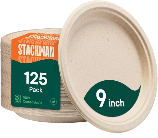 9" Compostable Plates, 125 Count, Heavy-Duty, Sugarcane Bagasse, PFAS-Free, Eco-Friendly