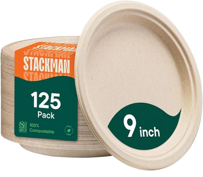 9" Compostable Plates, 125 Count, Heavy-Duty, Sugarcane Bagasse, PFAS-Free, Eco-Friendly