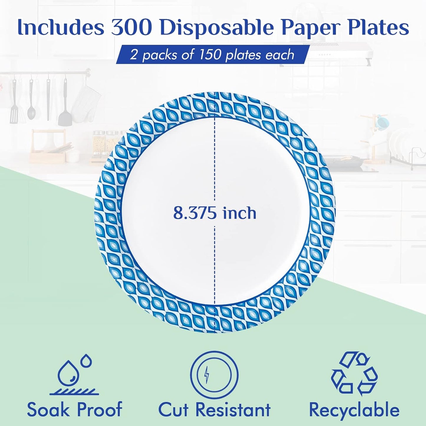 8.375 Inch Disposable Paper Plates, 300 Count Soak and Cut Proof Printed Paper Plates for Daily Use, Holiday for Family Gatherings, Parties, Picnic