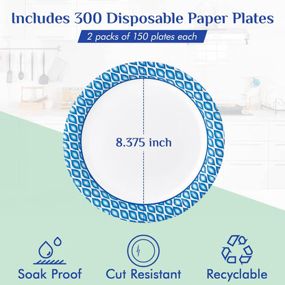 8.375 Inch Disposable Paper Plates, 300 Count Soak and Cut Proof Printed Paper Plates for Daily Use, Holiday for Family Gatherings, Parties, Picnic