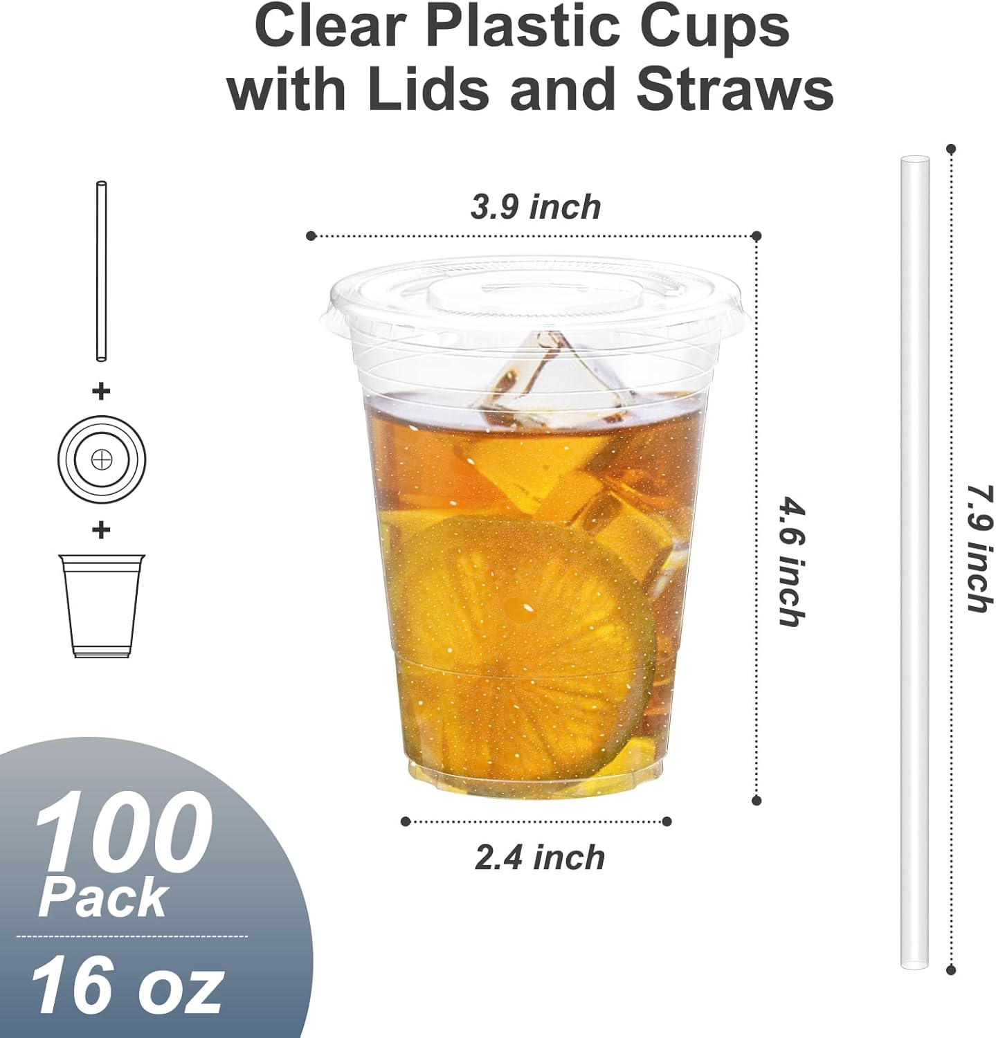 100 Pack 16 oz Clear Plastic Cups with Lids and Straws, Disposable Food Safe Drink Cups for Iced Coffee, Smoothies & Cold Beverages