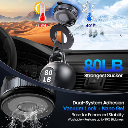 Magnetic Phone Holder for Car, Strong Suction Cup Mount, MagSafe Compatible,360°Rotation