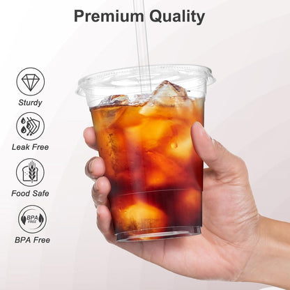 100 Pack 16 oz Clear Plastic Cups with Lids and Straws, Disposable Food Safe Drink Cups for Iced Coffee, Smoothies & Cold Beverages