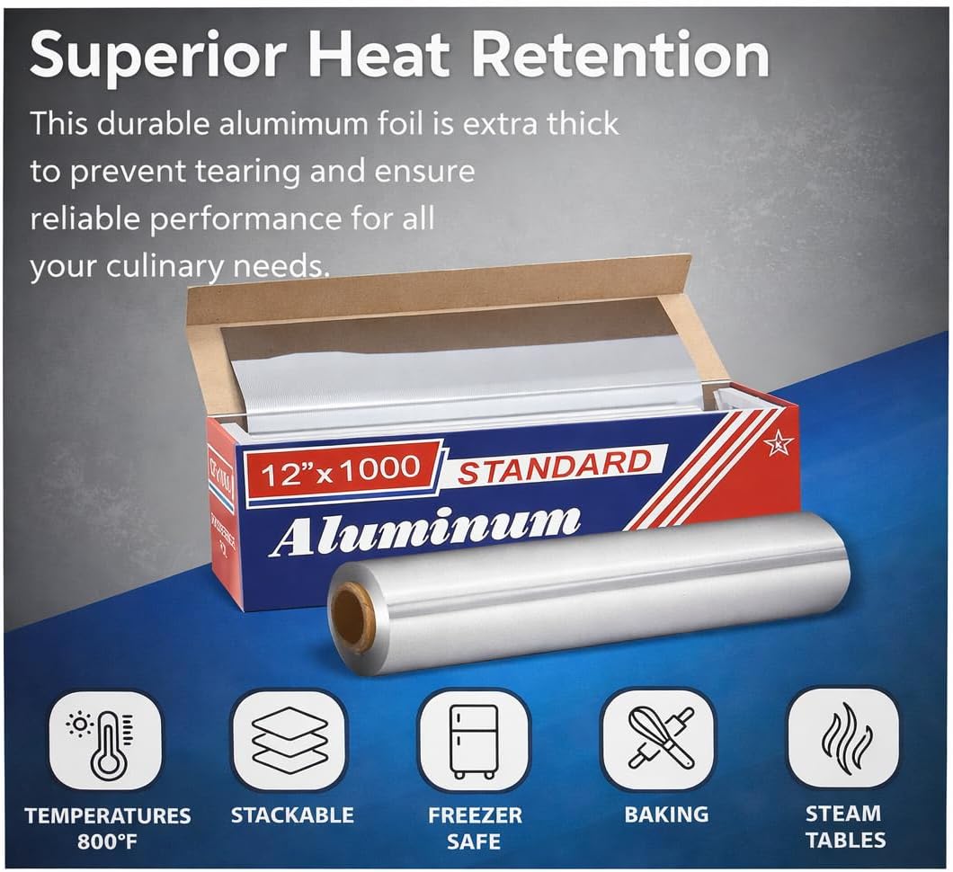 Aluminum Foil Roll 12" x 1000', Heavy Duty Commercial Food Service Foil for Cooking, Baking, Grilling, Wrapping & Storage