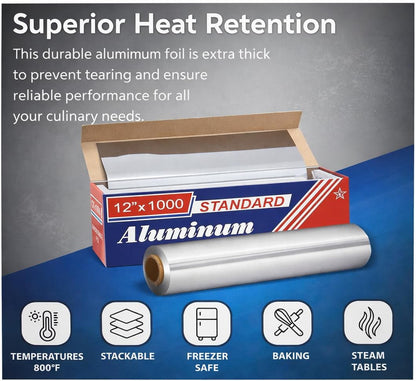 Aluminum Foil Roll 12" x 1000', Heavy Duty Commercial Food Service Foil for Cooking, Baking, Grilling, Wrapping & Storage